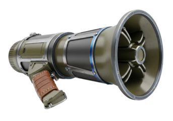 Olive drab expeditionary megaphone with brushed steel and dark grey composite panels, multi-jointed speaker, worn leather grip, low angle on transparent background, concept of extreme durability