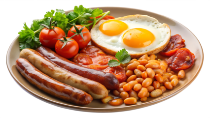 Hearty Full English Breakfast with Sausages, Fried Egg & Baked Beans on a bright white and transparent background