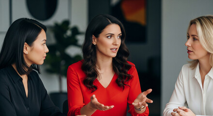 Confident diverse women collaborating actively in a modern office, fostering team synergy and innovative ideas for business growth.