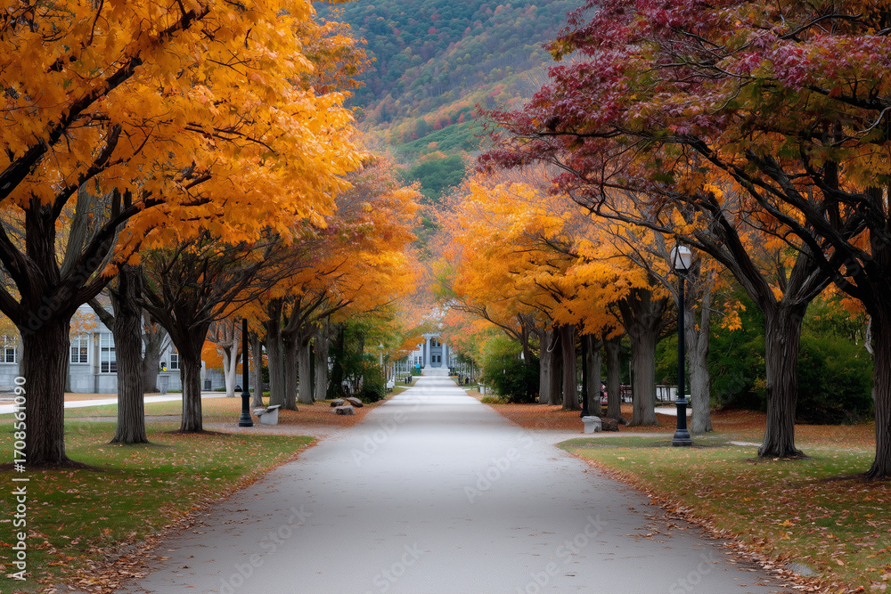 Poster a path lined with trees and benches is shown in autumn