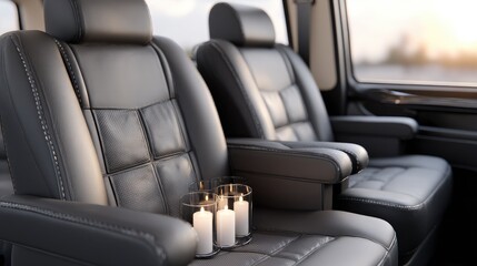 Obraz premium Soft light illuminates a stylish seating area with leather chairs, candles, and plants, creating a serene atmosphere by the ocean