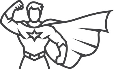 Superhero flexing muscles with cape blowing in the wind