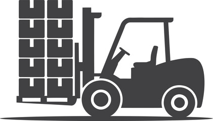 Silhouette of a forklift truck lifting a stack of boxes on a pallet