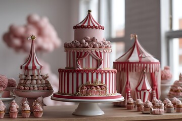 A vintage circus-themed birthday party with a striped cake, carnival-inspired decorations, and a whimsical atmosphere