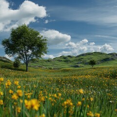 Obraz premium Lush meadow stretches under a bright sky, dotted with yellow flowers and a solitary tree