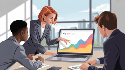 Business meeting presentation on project phoenix with data analysis and team collaboration for success