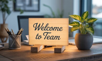 Wooden sign on a desk, illuminated, welcoming new team member