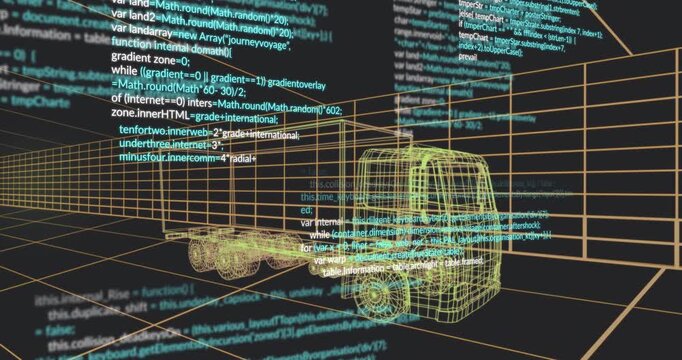 Grid fading in initiating code lines cascading across 3D wireframe truck model showing data flow