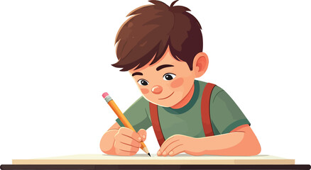 Young cartoon boy diligently writing at his desk.