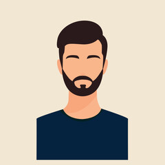Minimalist flat vector illustration of a young man with dark hair, beard, and casual clothing. Modern male avatar design, suitable for profile icons, social media, apps, websites, or graphic projects.