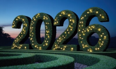 Year 2026, illuminated topiary numerals in a garden maze at twilight
