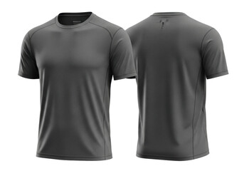 Two charcoal grey performance t-shirts, moisture-wicking synthetic fabric with grid texture, front and back view, on a transparent background with copy space, concept for athletic apparel design