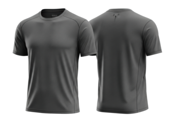 Two charcoal grey performance t-shirts, moisture-wicking synthetic fabric with grid texture, front and back view, on a transparent background with copy space, concept for athletic apparel design