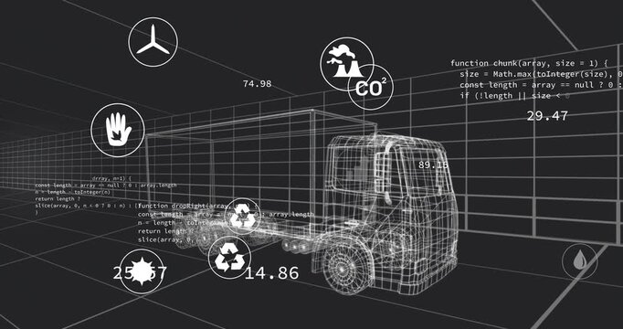 Upon code lines appearing icons floating, metrics shifting on wireframe 3D truck showing emissions