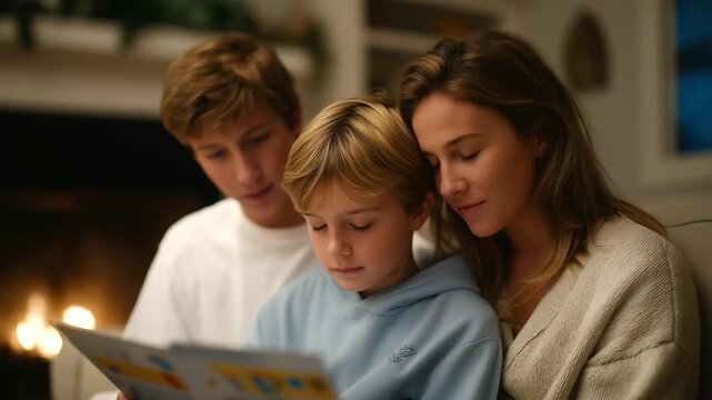 A 7 year old practices spelling words with a parent in a cozy living room with flashcards scattered a fireplace glowing and a clock ticking toward departure depicted in a