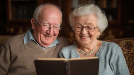 Elderly Couple Sitting on Couch Looking at Photo Album and Smiling Together