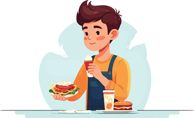 Cartoon illustration of a young man enjoying his lunch.