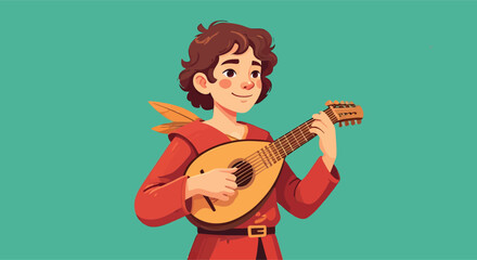 Charming Cartoon Bard with Wings Playing a Lute.