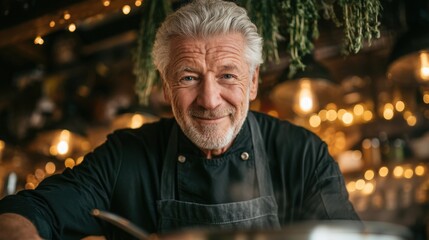 Happy senior male chef smiling confidently in professional kitchen with warm ambient lighting and greenery above