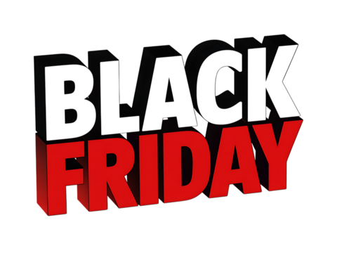 Bold red and black friday text design with a white accent isolated on transparent background