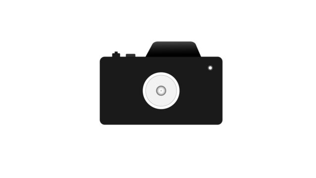 Minimalist black camera icon with a white lens circle and a small flash dot against a dark background