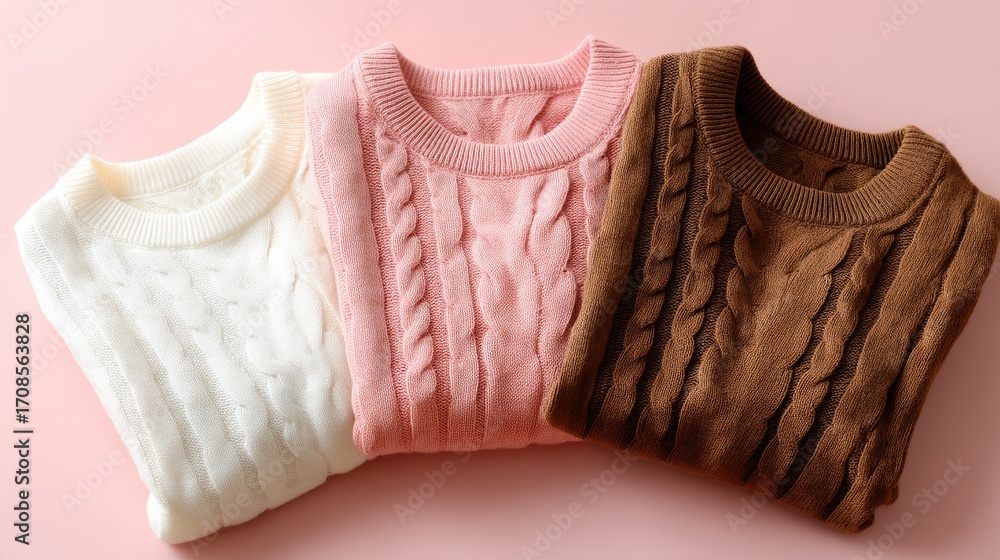 Poster three cozy sweaters in natural colors are nicely folded, creating a warm and inviting display with t