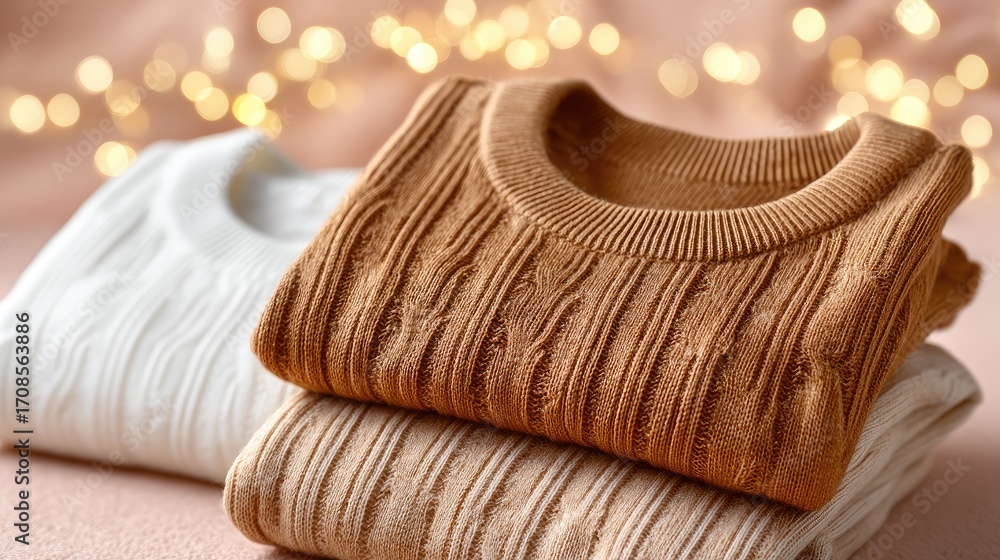 Poster three cozy sweaters in natural colors are nicely folded, creating a warm and inviting display with t