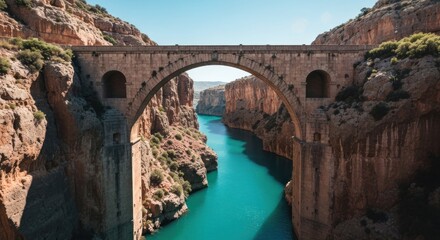 Fototapeta premium Ancient arch bridge spans a turquoise river gorge