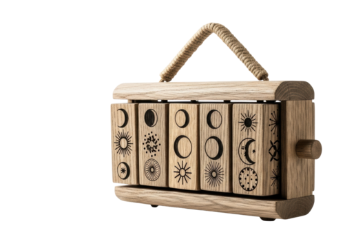 Distressed hand-carved wooden perpetual calendar with etched lunar phases, suns, stars, suspended by hemp twine on transparent studio background with copy space, concept of timeless natural cycles