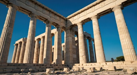 Ancient columns of a temple, bathed in sunlight against a clear blue sky