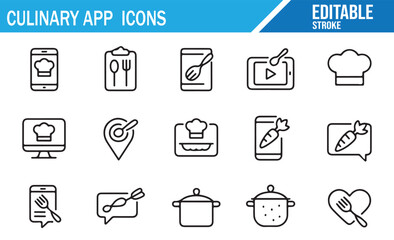 Restaurant mobile app icons featuring chef hat, dish, and nutrition elements