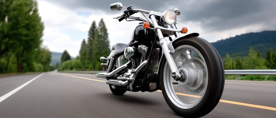 Motorcycles and cars drive along a highway surrounded by mountains and dark clouds, creating a dramatic landscape