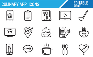 Food recipe mobile app icons with digital cooking, tutorial, and restaurant designs