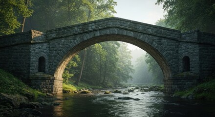 Fototapeta premium Ancient stone arch bridge spanning a misty forest stream. Lush green trees frame the tranquil scene