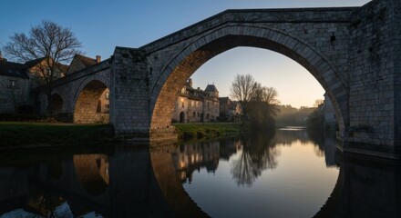 Fototapeta premium Ancient stone bridge arches over a serene river, reflecting a quaint village at sunrise