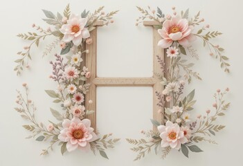 Elegant Letter H Frame Adorned with Soft Watercolor Floral Accents on a Creamy Ivory Background