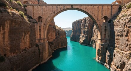 Ancient stone arch bridge spanning a turquoise river gorge