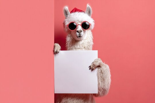 Festive llama holding blank sign in Christmas mood, pink background