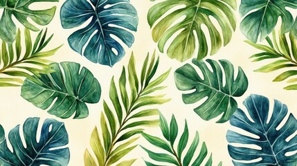 Tropical leaves pattern,  watercolor style, light beige background,  decorative design