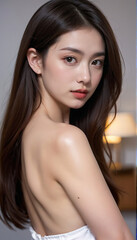 A portrait of a beautiful young woman turning around. A beautiful, natural look, a beauty image.振り返る美しい若い女性のポートレート。美しい素顔、美容イメージ。