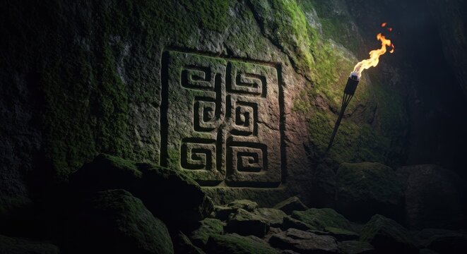 Ancient stone carving in a dark cave, lit by torch - Powered by Adobe