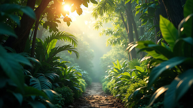 Tropical forest pathway glowing with sunlight and lush greenery