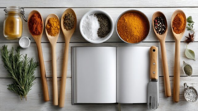 Bright spices in wooden spoons surround a blank recipe book on a table, ready for culinary inspiration and delicious cooking adventures