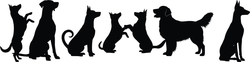 Silhouette collection of dogs in various poses, sitting, standing, playful, fluffy tails, pet animals, vector illustration for design projects