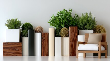 A soft seating area features a light cushion chair beside lush green plants and a wooden shelf displaying decorative items