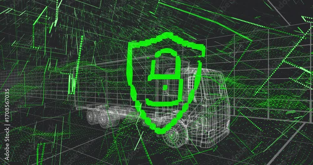 Aufkleber shield appearing, padlock unlocking while data flowing past wireframe truck monitoring security