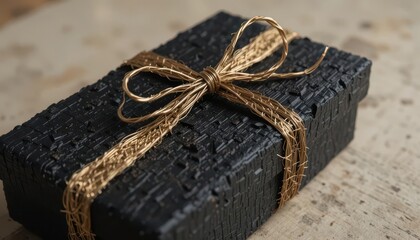 Industrial Luxury Packaging   Raw Gold Wire Ribbon on a Textured Black Box