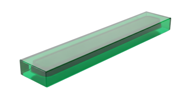 Elongated laser-cut emerald green translucent silicone strip with subtle futuristic glow, centered on a transparent studio background, concept of high-speed data transmission.