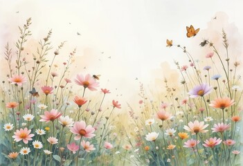 Botanical Meadow  A Delicate Watercolor Painting of a Wildflower Field Filled with Pollinating Insects