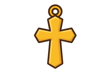 Golden cross pendant icon. Christian religious symbol of faith and spirituality. Cartoon vector illustration of holy jewelry. Isolated flat design element for catholic or orthodox.